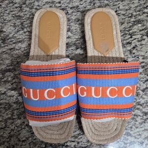 Gucci Orange and Blue Striped Logo Slides Size 11